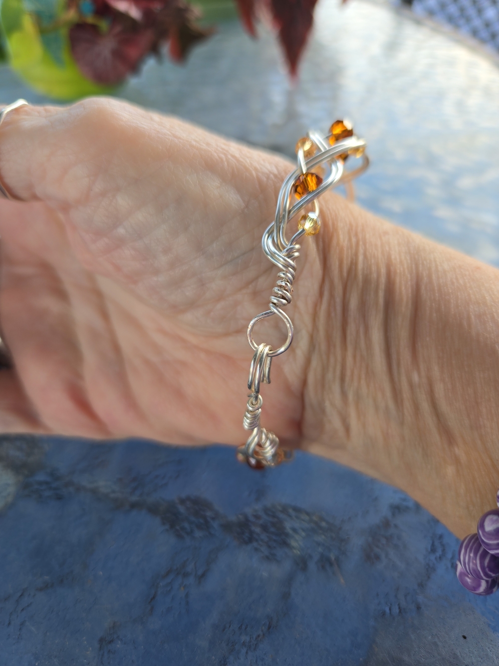 Hand Crafted Wire Braided Bangle Bracelet Amber 9.5” - Picture 7 of 15